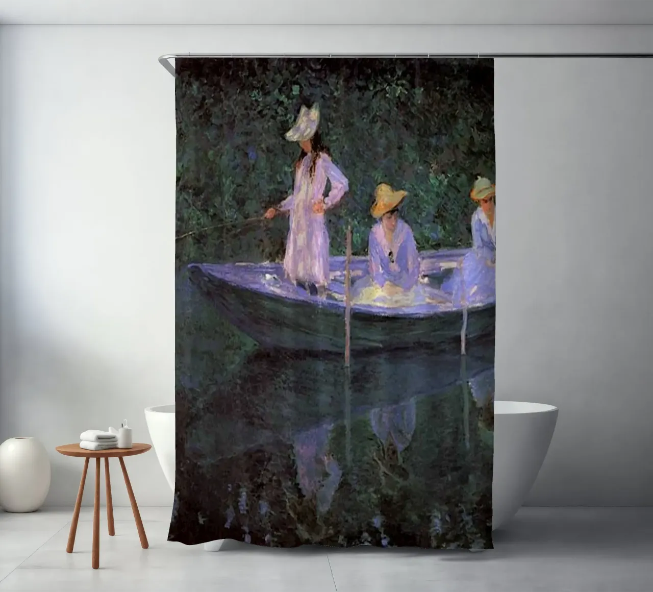 3 frauen beim fischen in einem boot claude monet Duschvorhang von belong shop