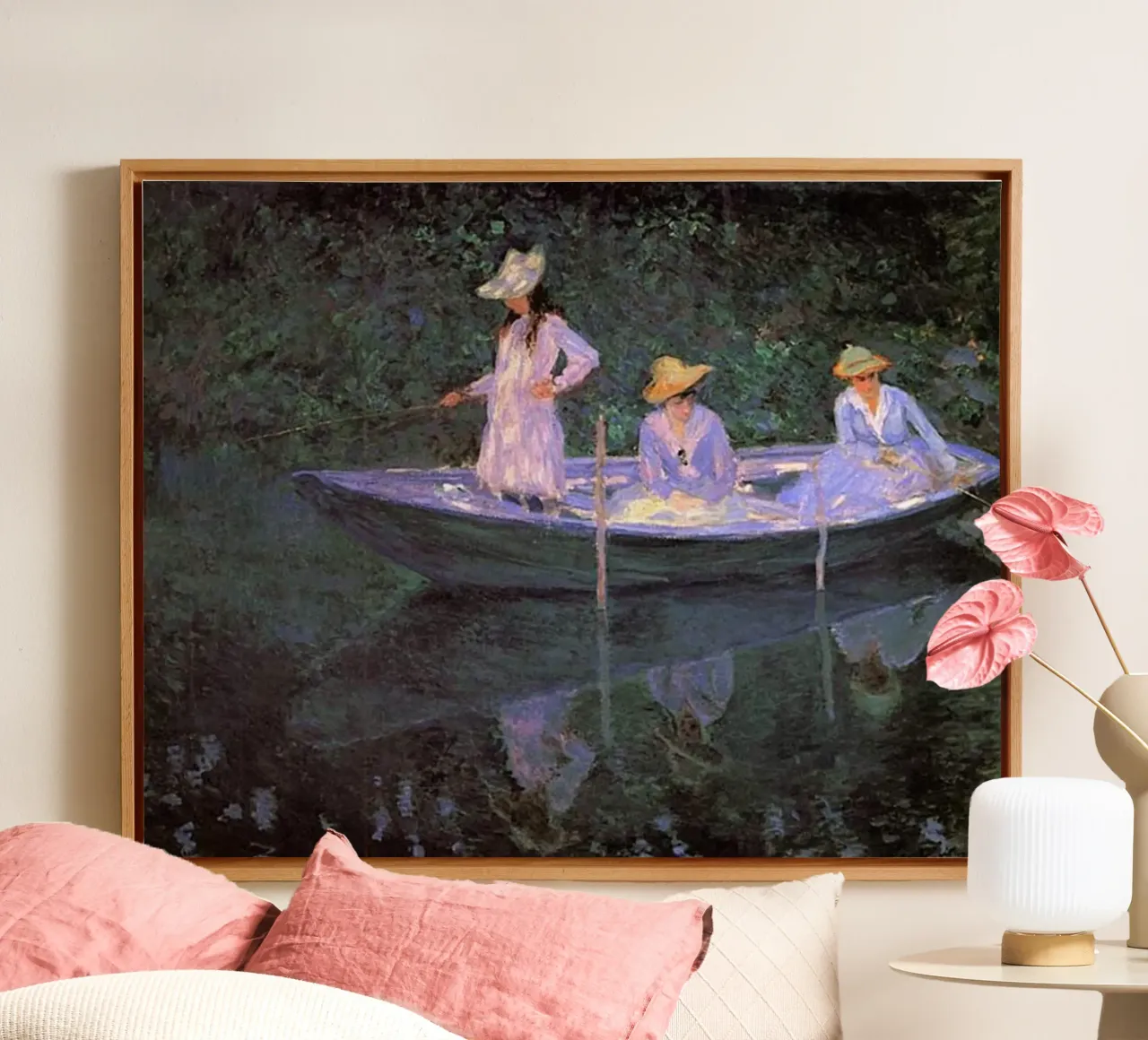 3 donne che pescano con una barca claude monet tela con Cornice a cassetta da belong shop