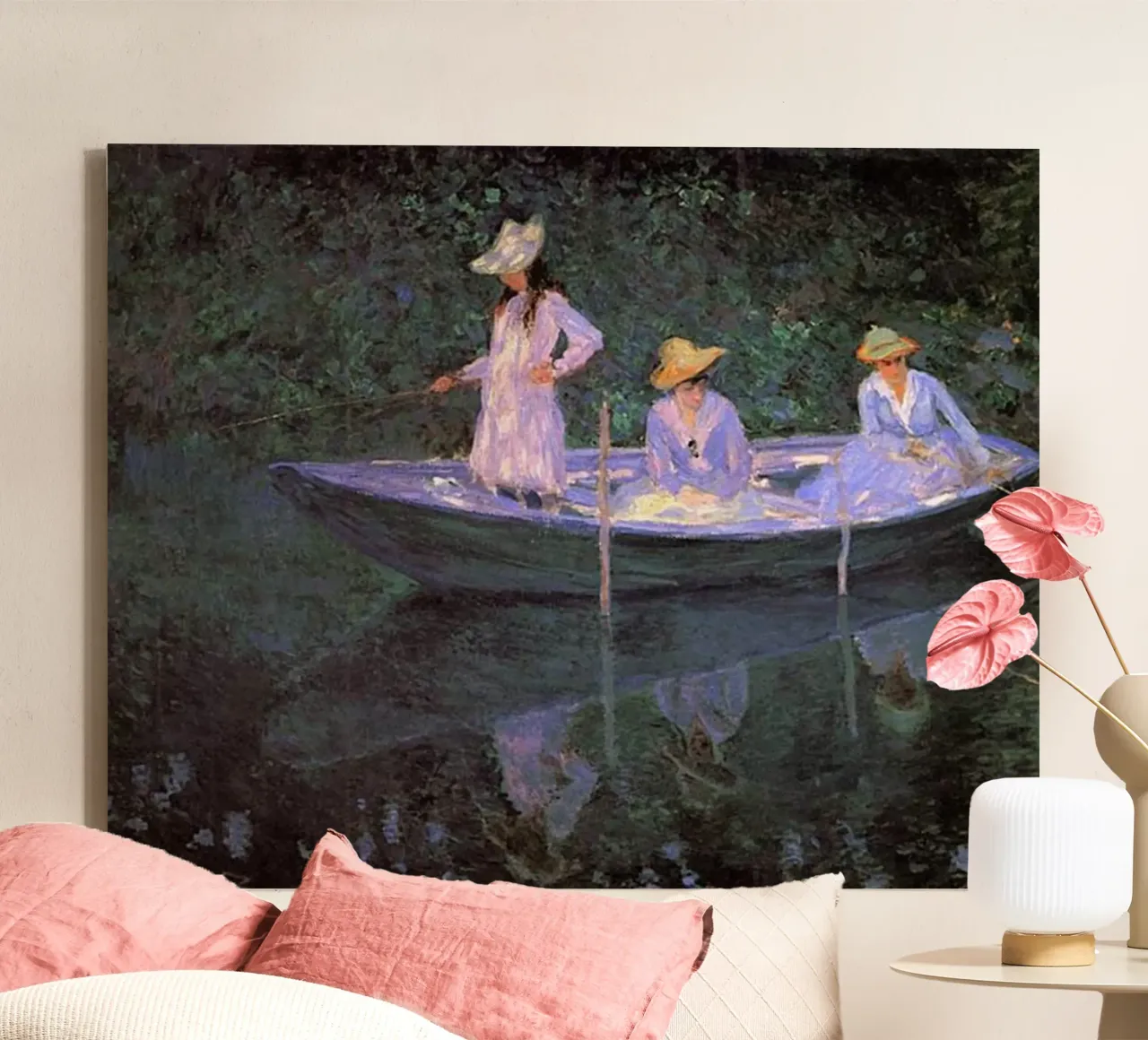 3 donne che pescano con una barca claude monet tela con Cornice a cassetta da belong shop