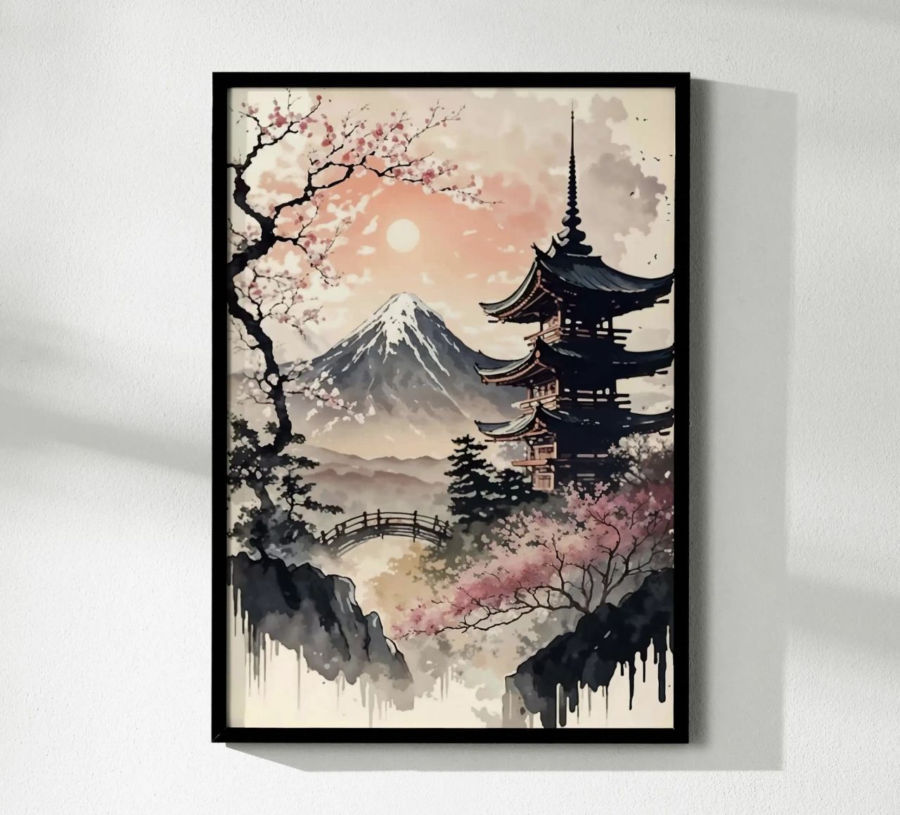 pagoda montaña sol cerezo en flor puente niebla árboles poster de Nick Haluck