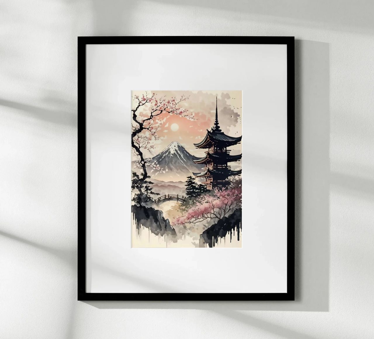 pagoda montaña sol cerezo en flor puente niebla árboles poster de Nick Haluck