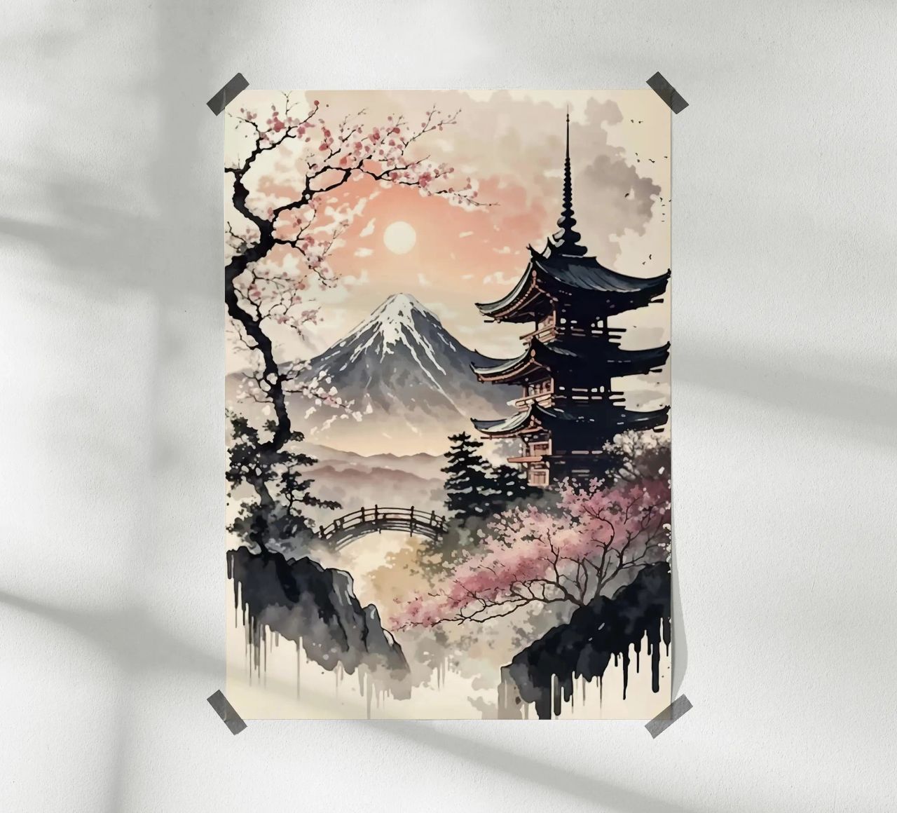 pagoda montaña sol cerezo en flor puente niebla árboles poster de Nick Haluck