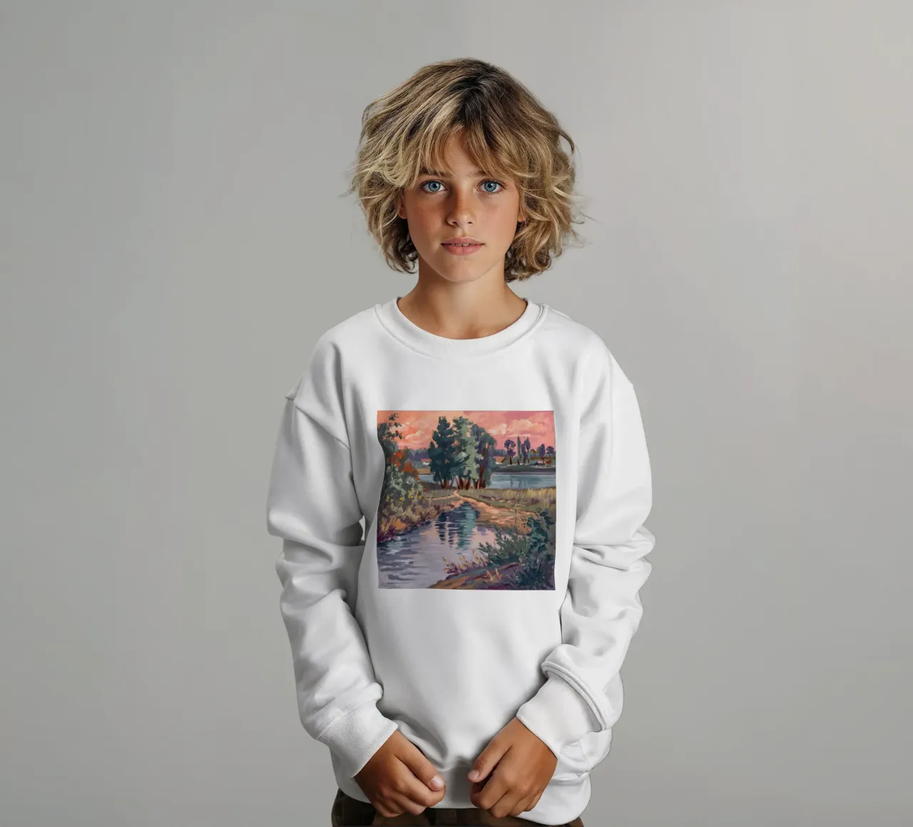 Rustic Stream Serenity kids sweatshirt by Verve Pigments