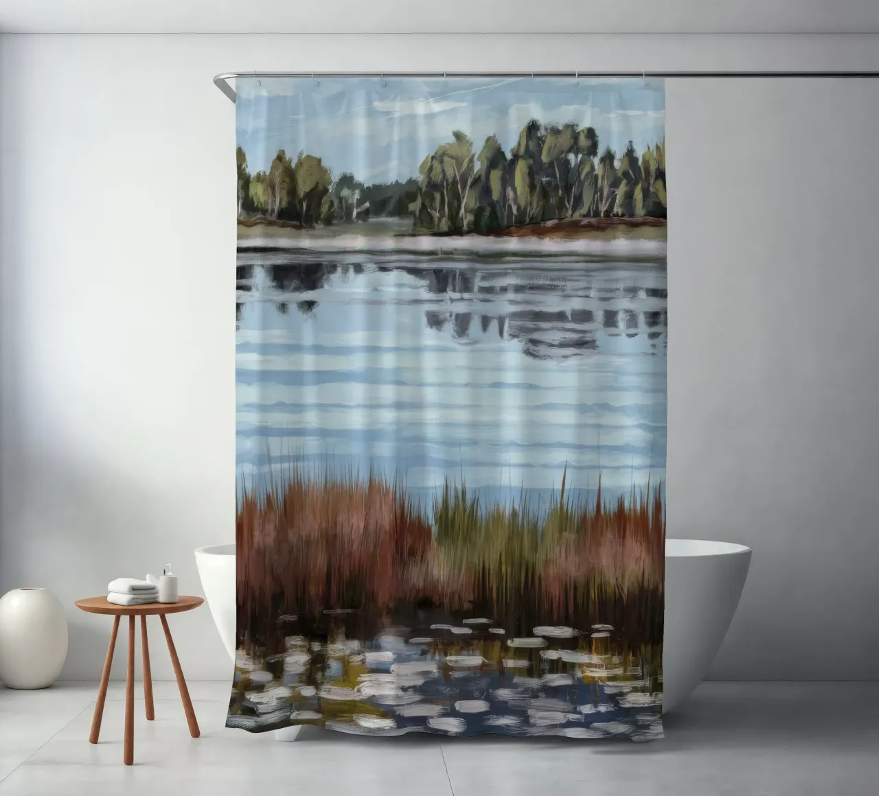 Mirror Lake Serenity shower curtain by Verve Pigments