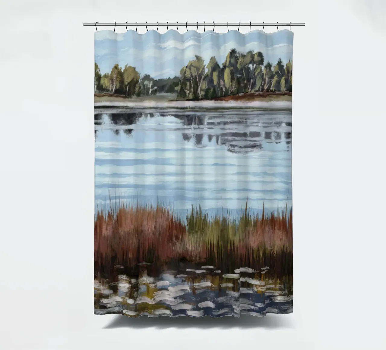 Mirror Lake Serenity shower curtain by Verve Pigments