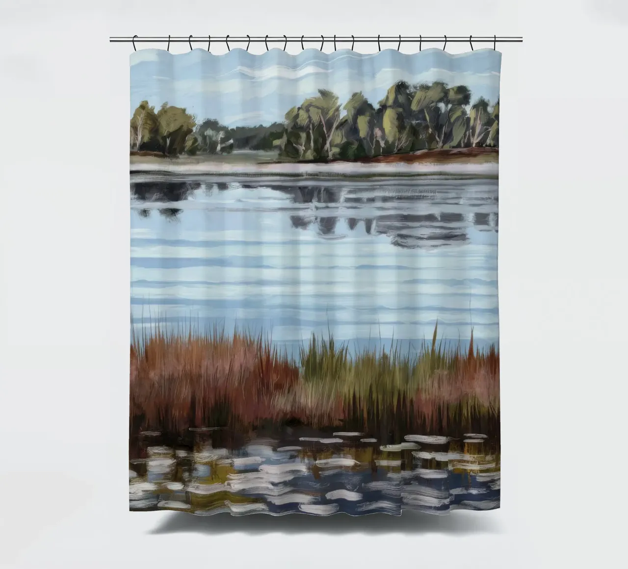 Mirror Lake Serenity shower curtain by Verve Pigments