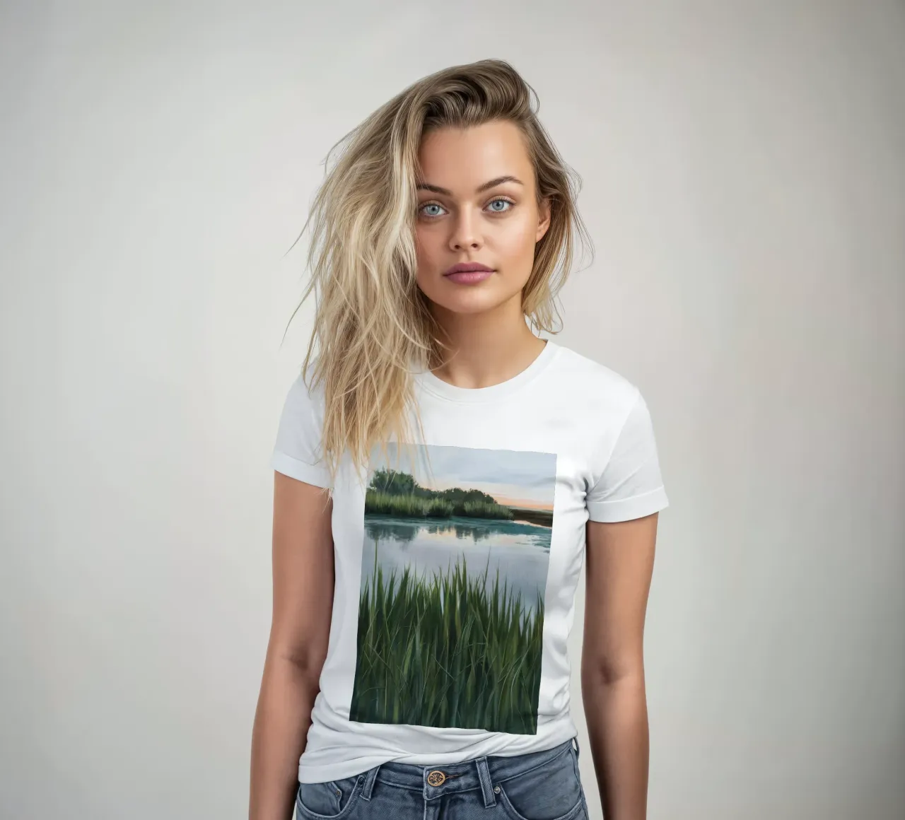 Verdant Marshland Serenity women's fitted t-shirt by Verve Pigments