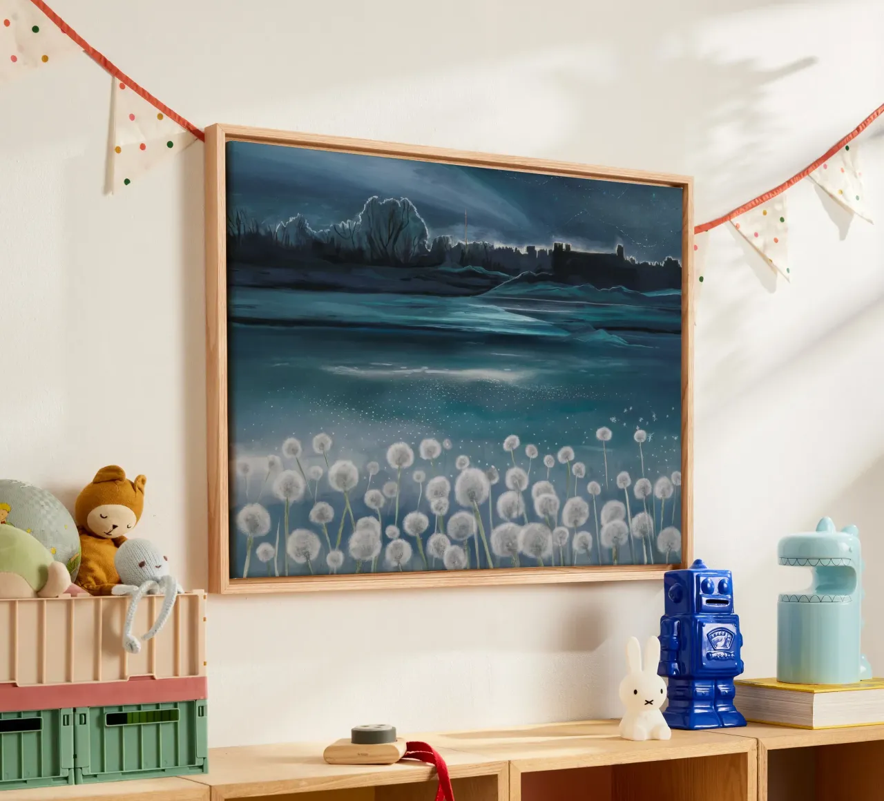 Ethereal Dandelion Dreamscape canvas with Floater frame by Verve Pigments