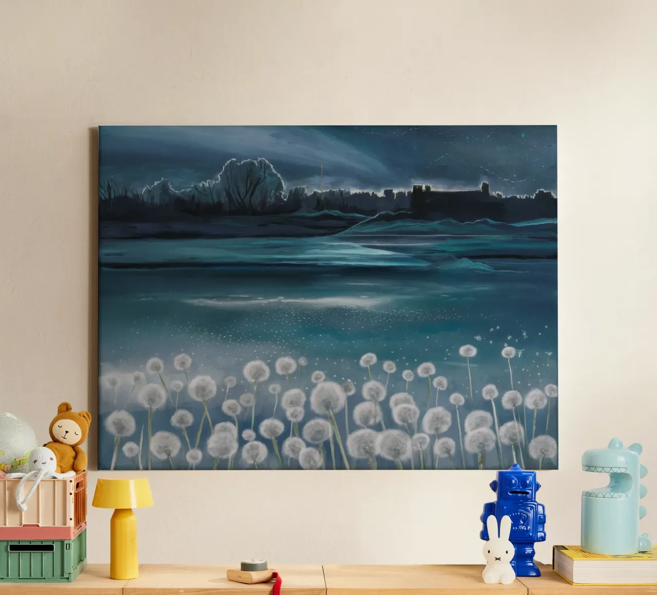 Ethereal Dandelion Dreamscape canvas with Floater frame by Verve Pigments