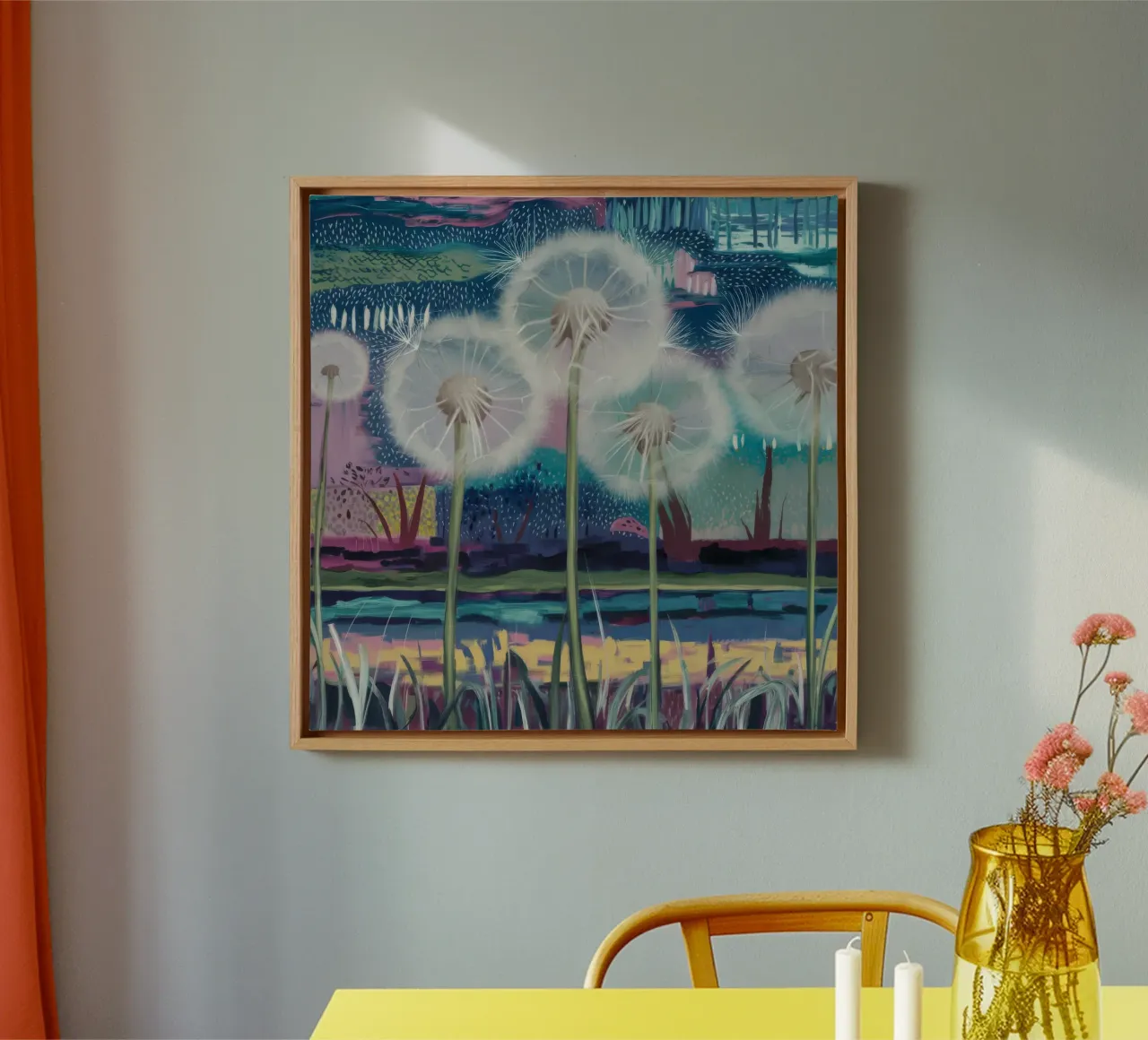 Whimsical Dandelion Fantasy canvas with Floater frame by Verve Pigments
