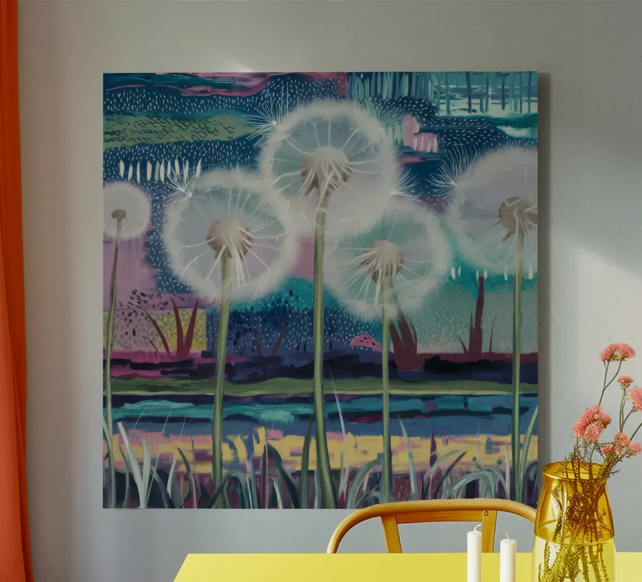 Whimsical Dandelion Fantasy canvas with Floater frame by Verve Pigments