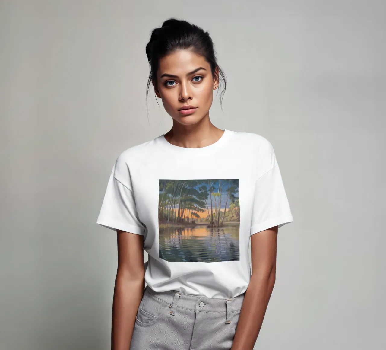 Crepuscolo d'oro sulla riva del fiume t-shirt da Verve Pigments