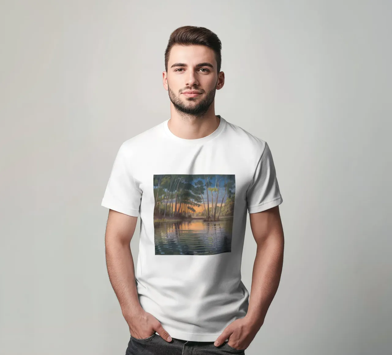 Crepuscolo d'oro sulla riva del fiume t-shirt da Verve Pigments
