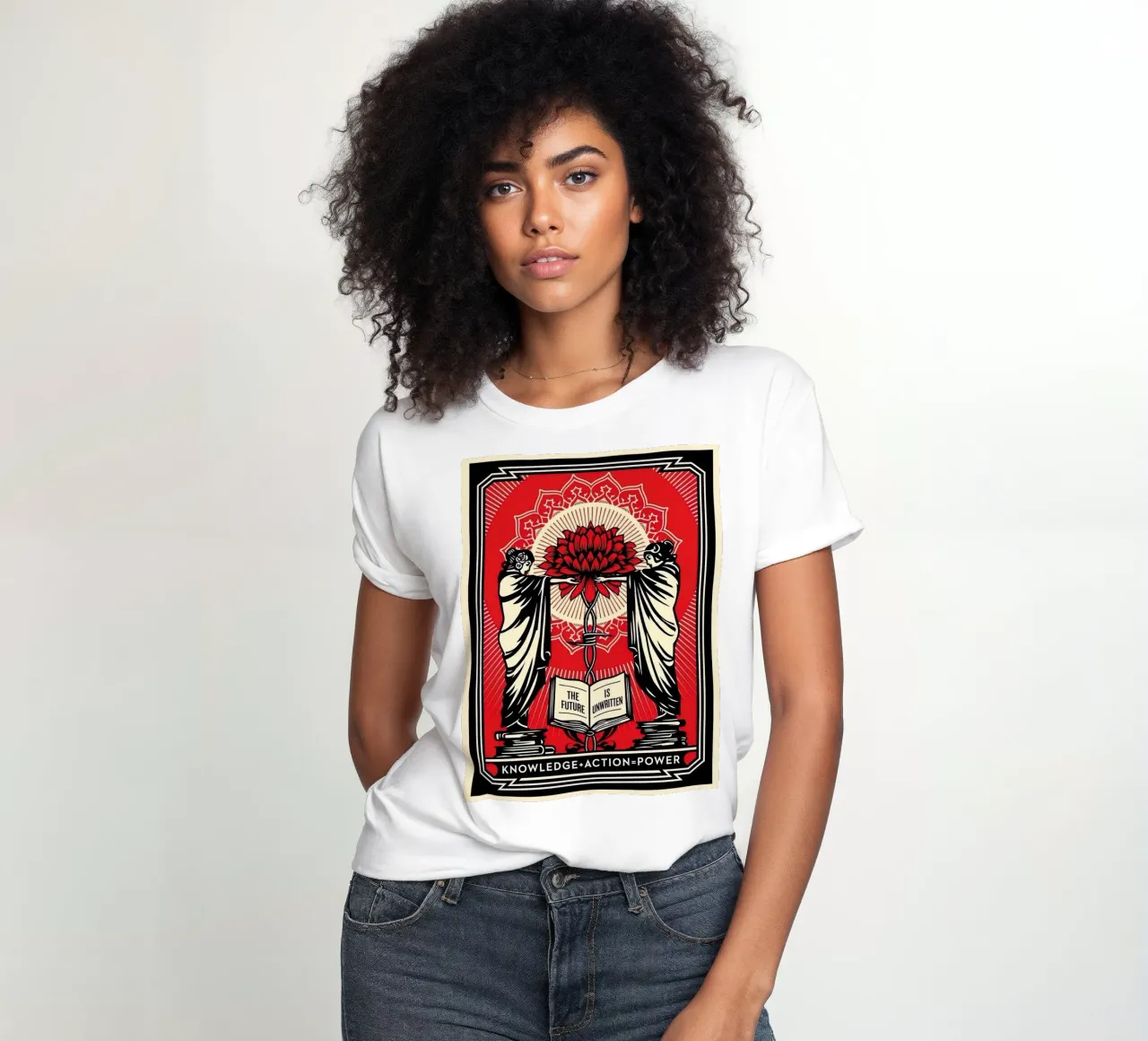 Shepard Fairey Screen Print Knowledge + Action Red & Black E women's fitted t-shirt by American Poster