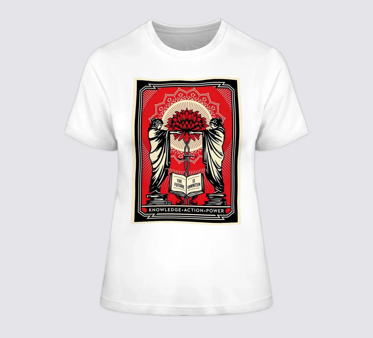 Shepard Fairey Screen Print Knowledge + Action Red & Black E women's fitted t-shirt by American Poster