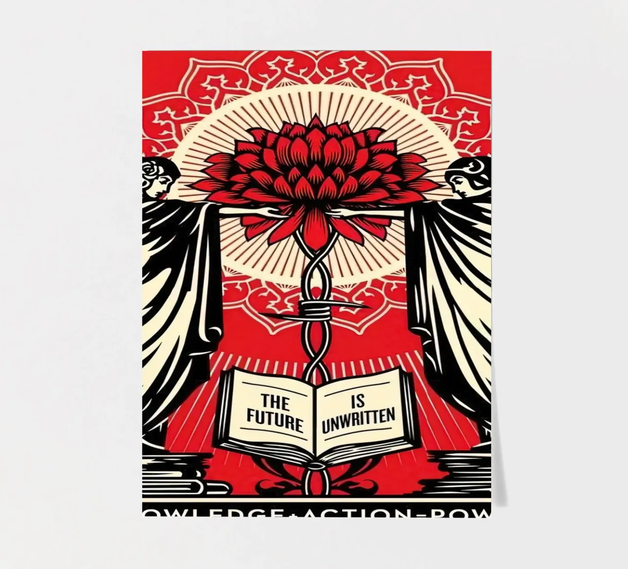 Shepard Fairey Screen Print Knowledge + Action Red & Black E sticker sheet by American Poster