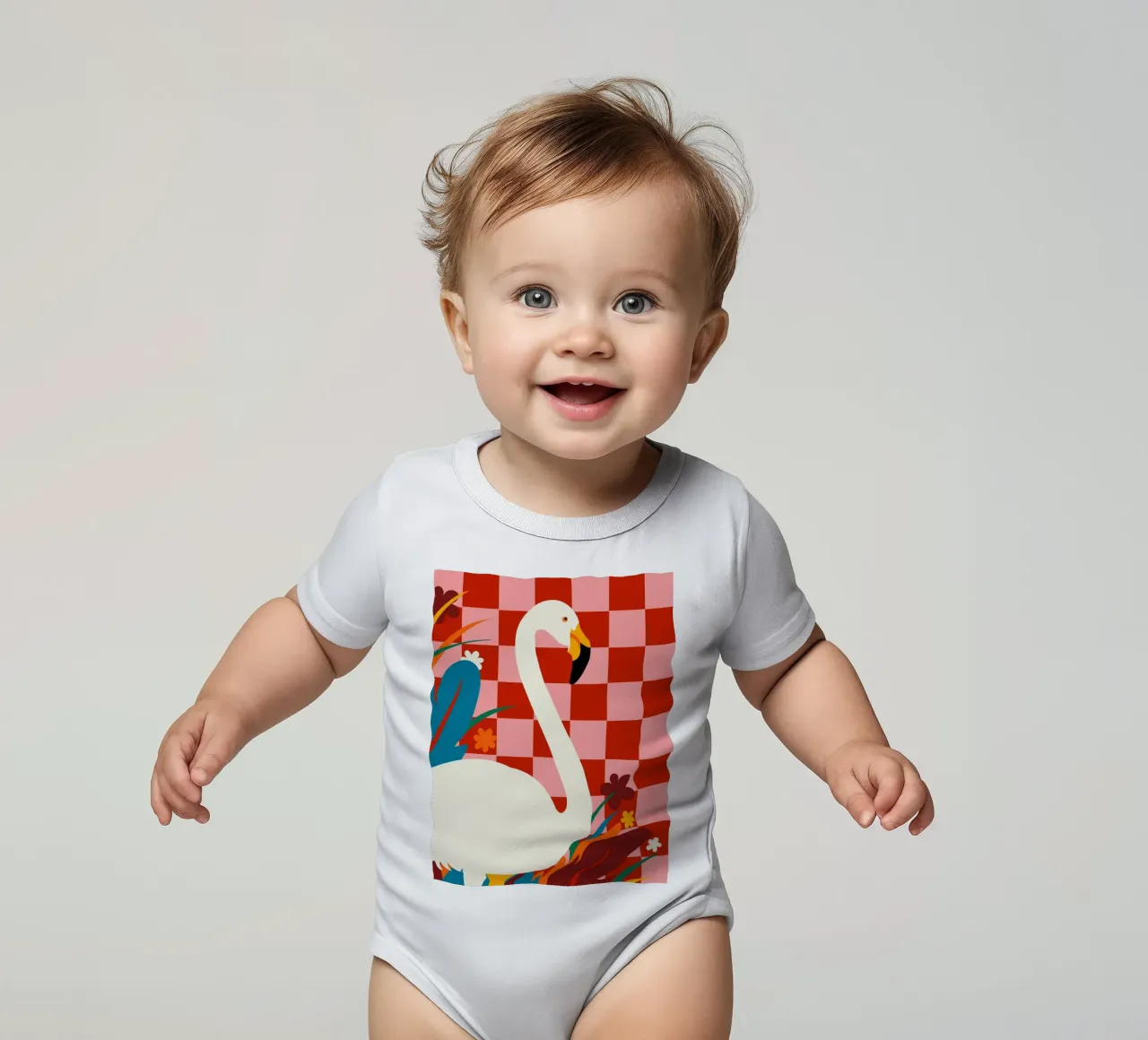 Checkers & The Great Egret short-sleeve baby romper by 83oranges