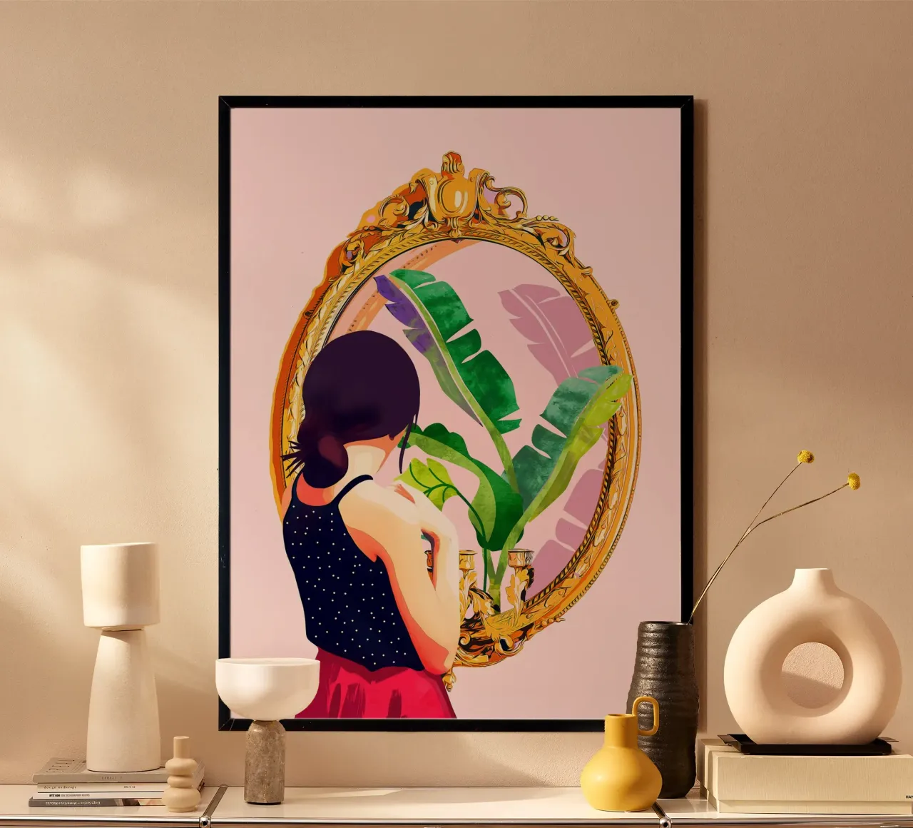 Specchio dell'anima: Edizione Foglie di banana poster con telaio in legno da 83oranges