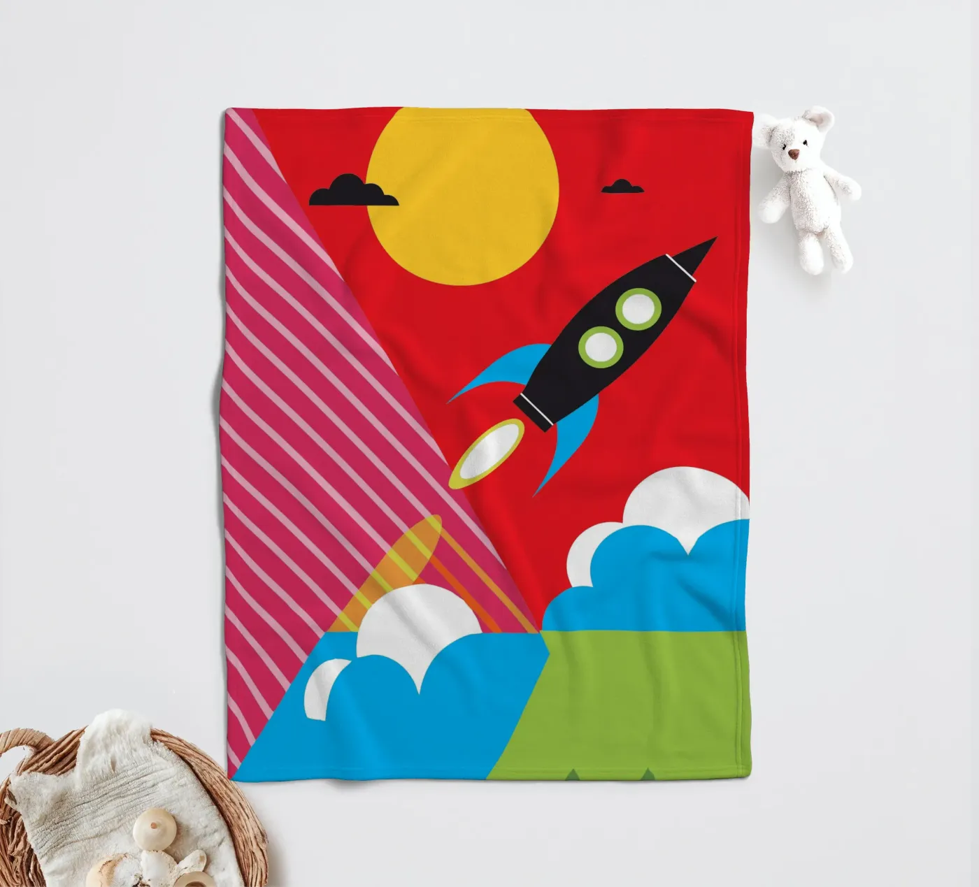 Flying Rocket fleece blanket by LOOK DIFFERENT