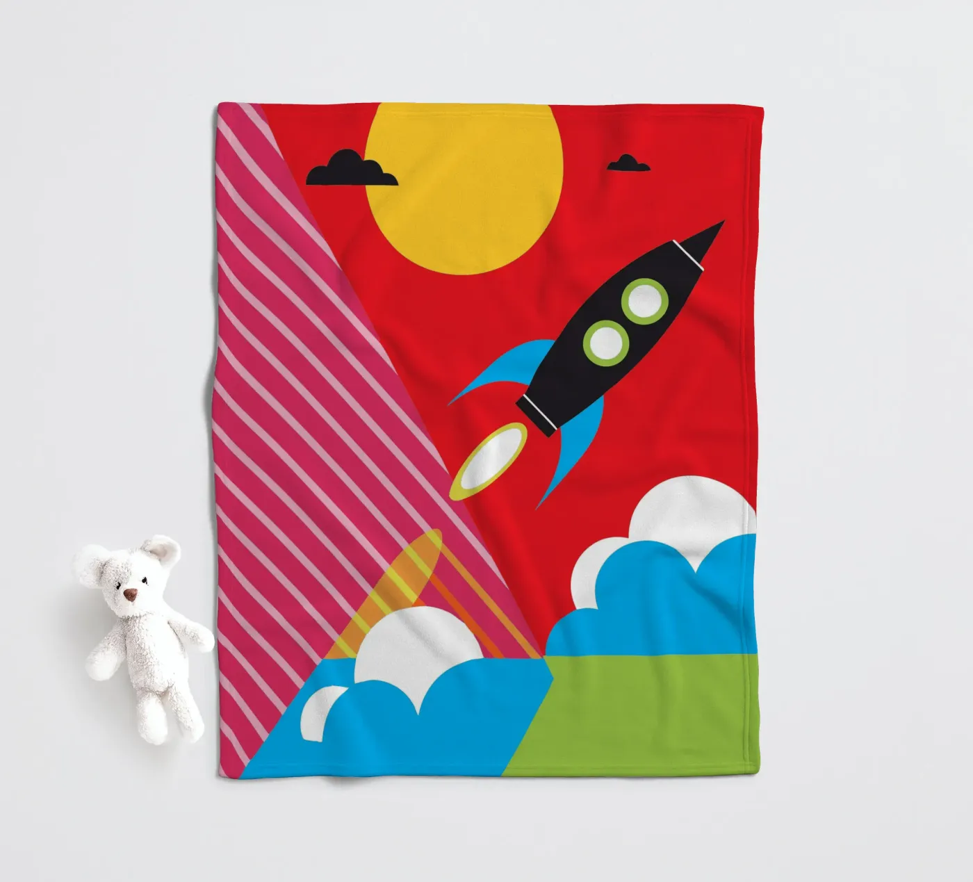 Flying Rocket fleece blanket by LOOK DIFFERENT