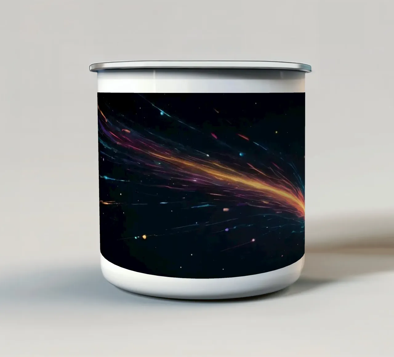 abstract ontwerp met levendige kleurstrepen emaille mok van DesignDoodle