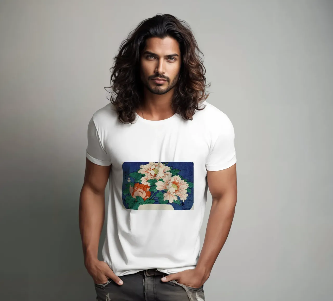 Hiroshige - Three Stems of Peonies on a Blue Background t-shirt van ARTOTHEK