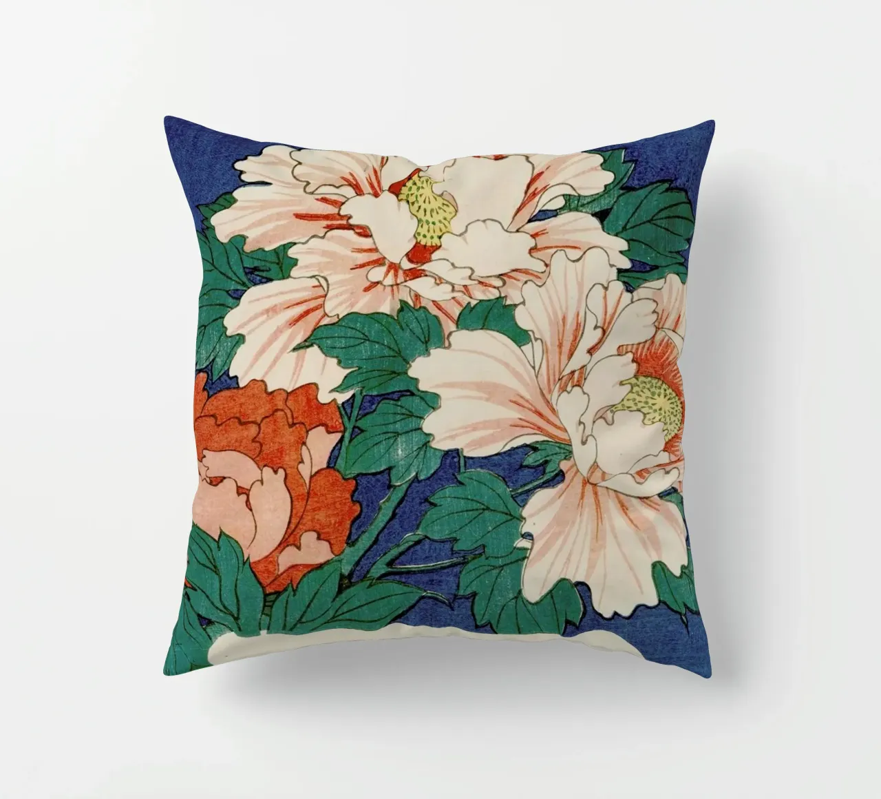 Hiroshige - Three Stems of Peonies on a Blue Background cuscino da ARTOTHEK