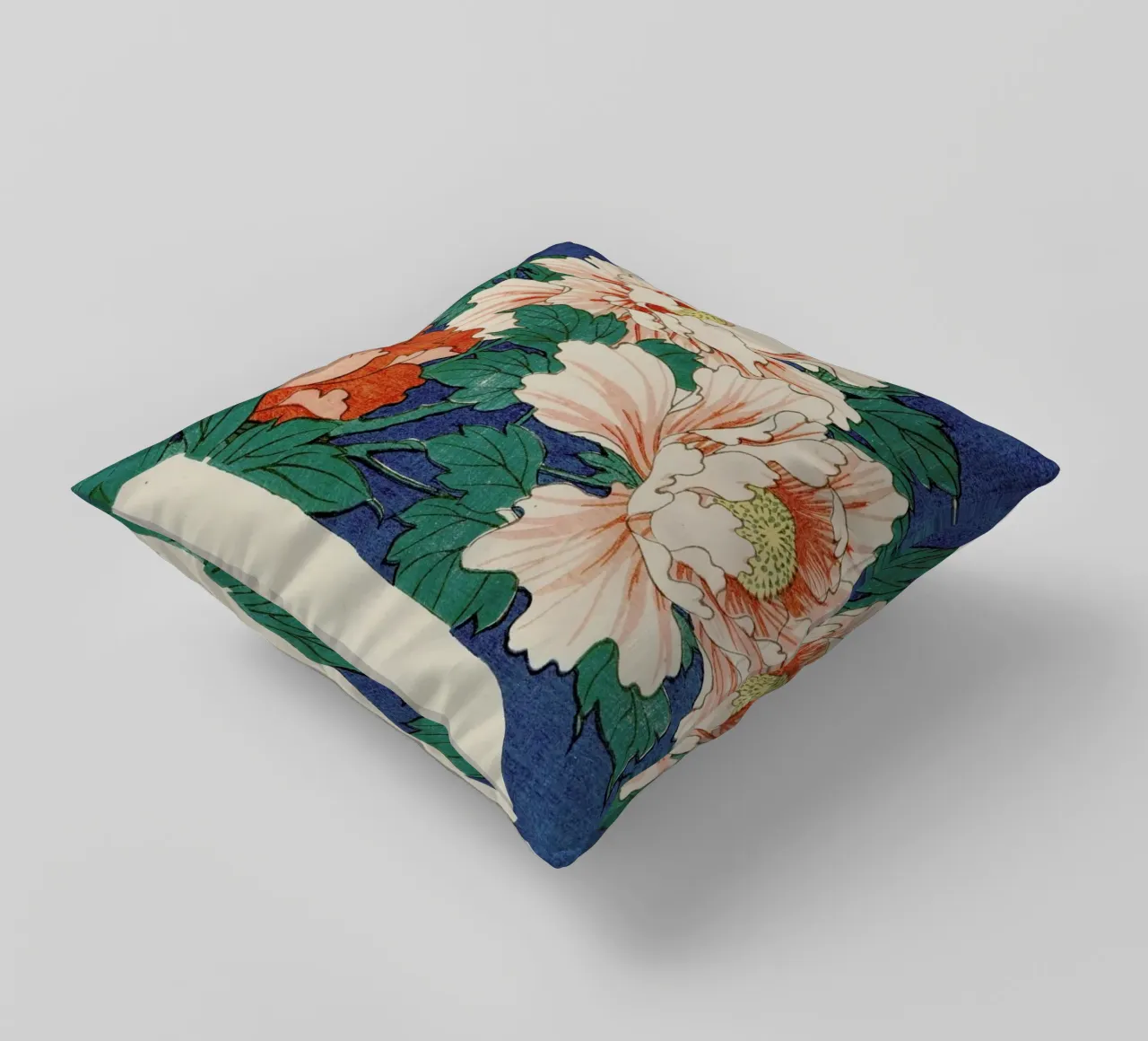 Hiroshige - Three Stems of Peonies on a Blue Background cuscino da ARTOTHEK