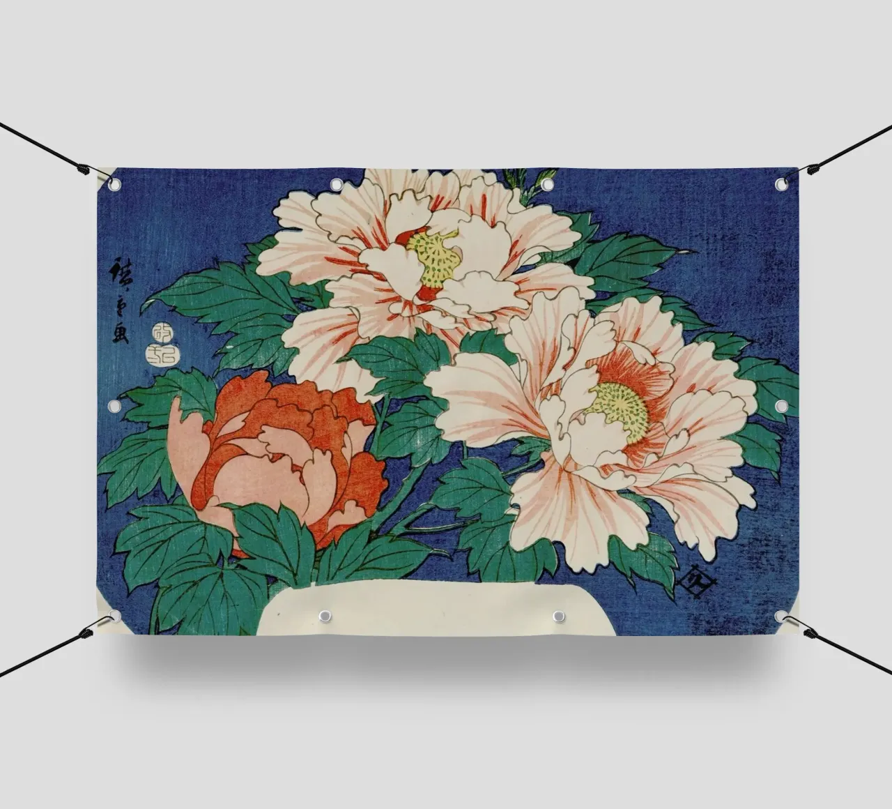 Hiroshige - Three Stems of Peonies on a Blue Background telo in pvc da ARTOTHEK