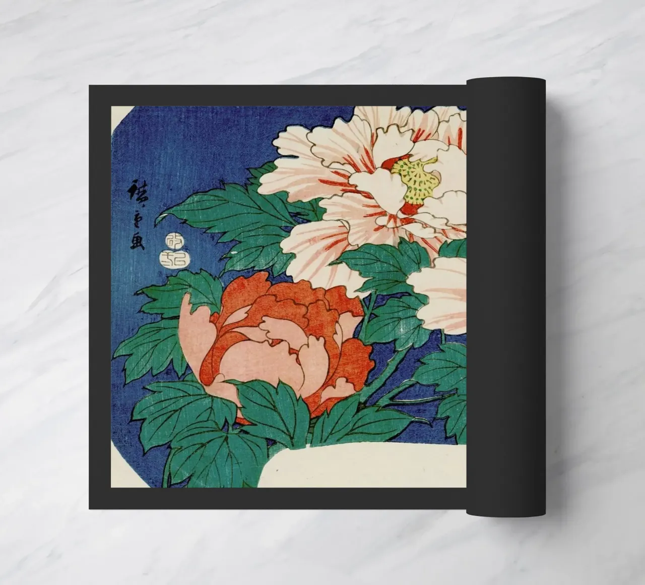 Hiroshige - Three Stems of Peonies on a Blue Background zerbino da ARTOTHEK
