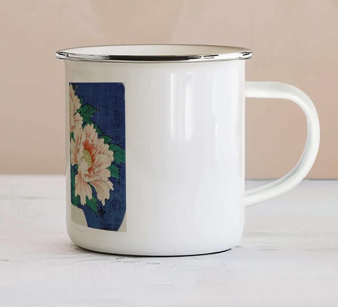 Hiroshige - Three Stems of Peonies on a Blue Background tazza in smalto da ARTOTHEK