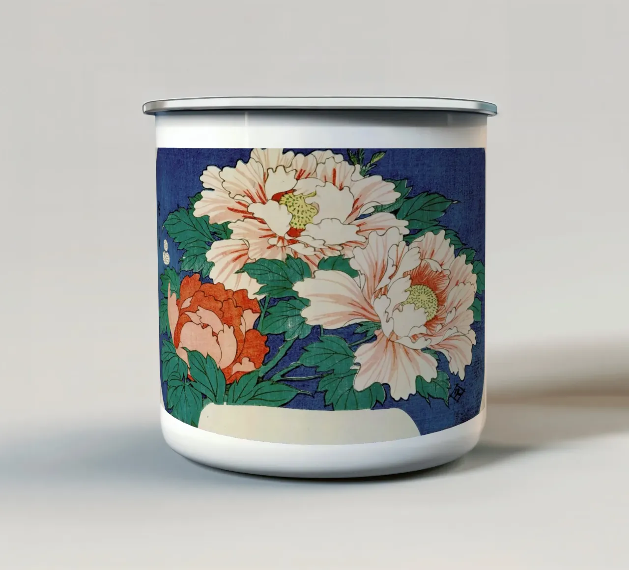 Hiroshige - Three Stems of Peonies on a Blue Background tazza in smalto da ARTOTHEK