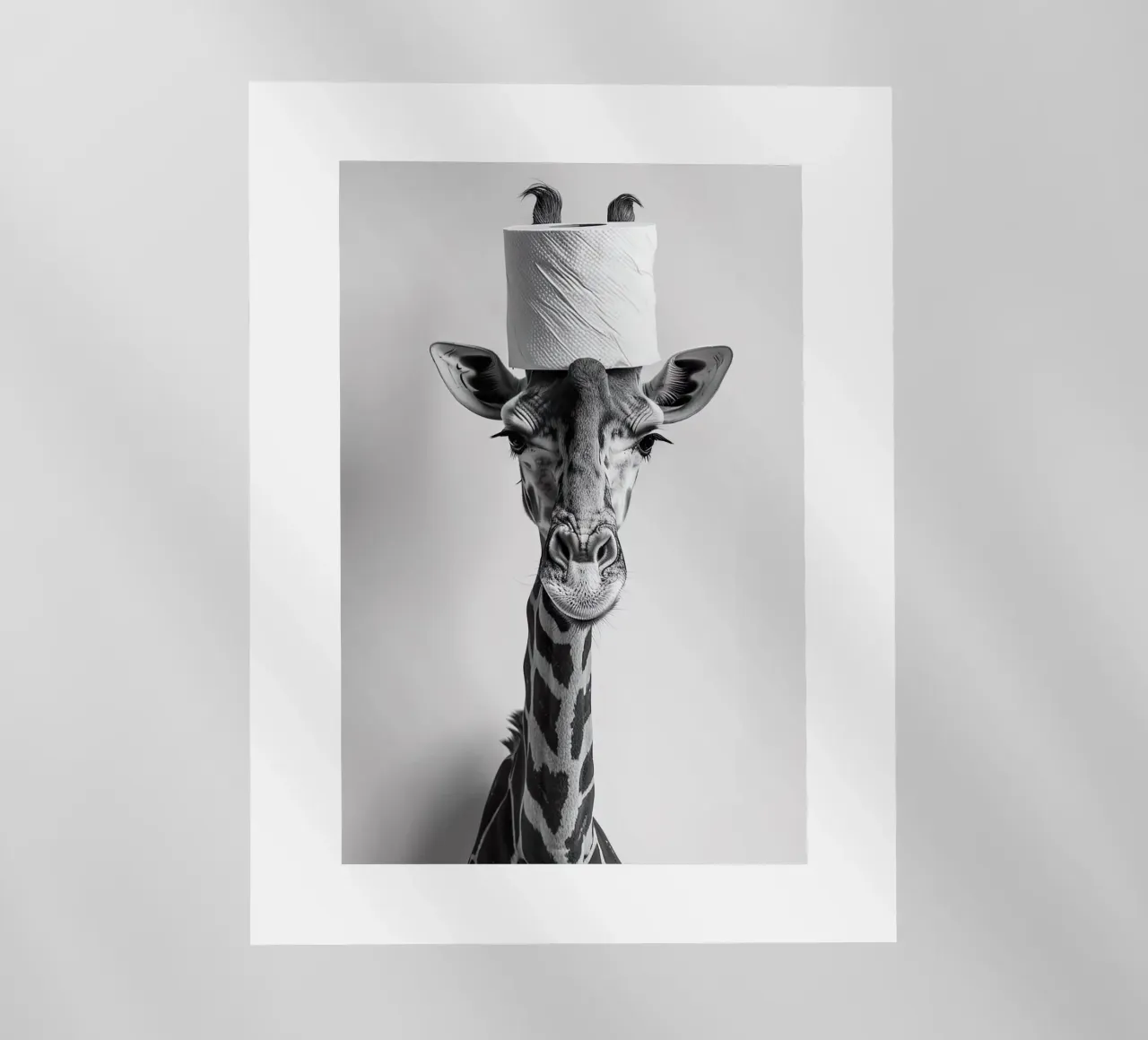 Divertente giraffa da bagno con rotolo di carta igienica in testa pellicola backlit da Black And White