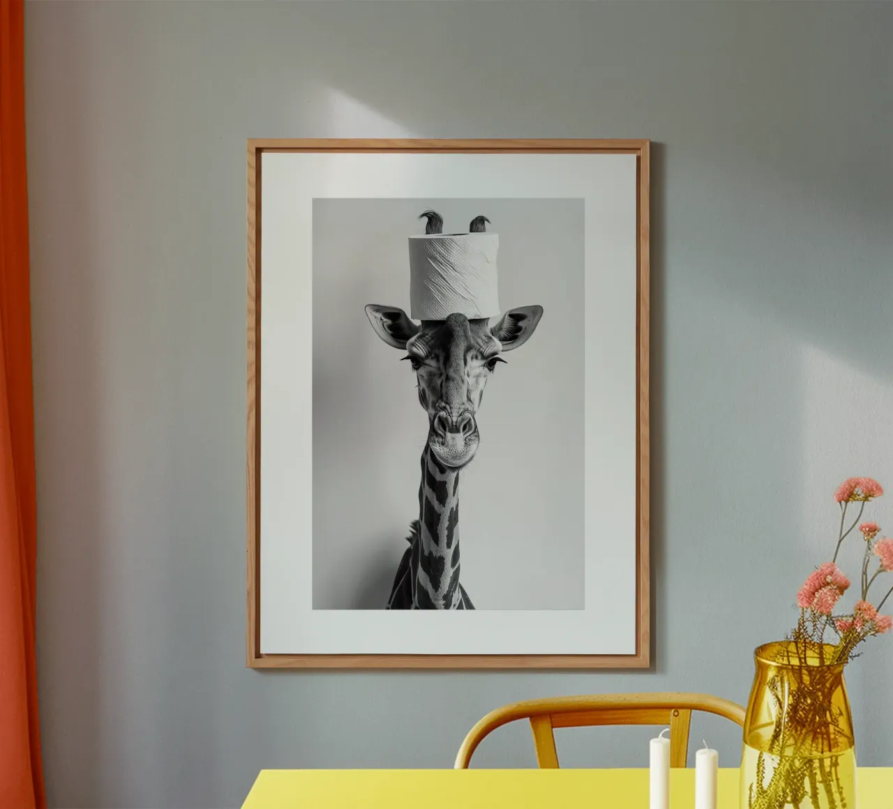 Divertente giraffa da bagno con rotolo di carta igienica in testa alluminio dibond da Black And White