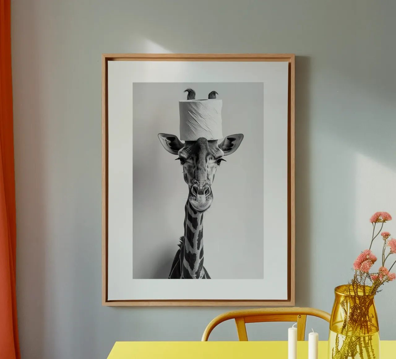 Grappige Badkamer Giraffe met een wc-papierrol op het hoofd canvas met Baklijst van Black And White