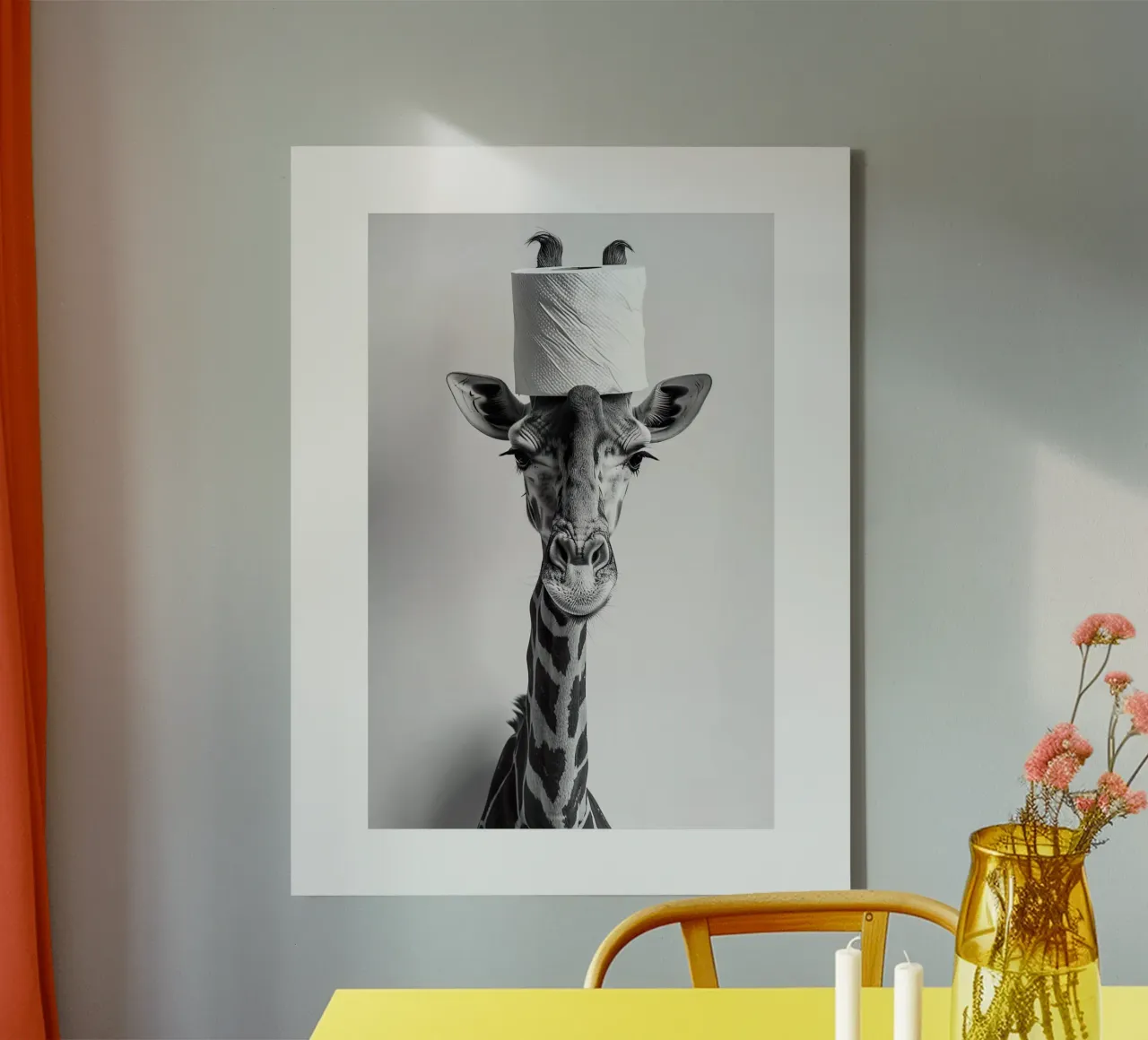 Grappige Badkamer Giraffe met een wc-papierrol op het hoofd canvas met Baklijst van Black And White