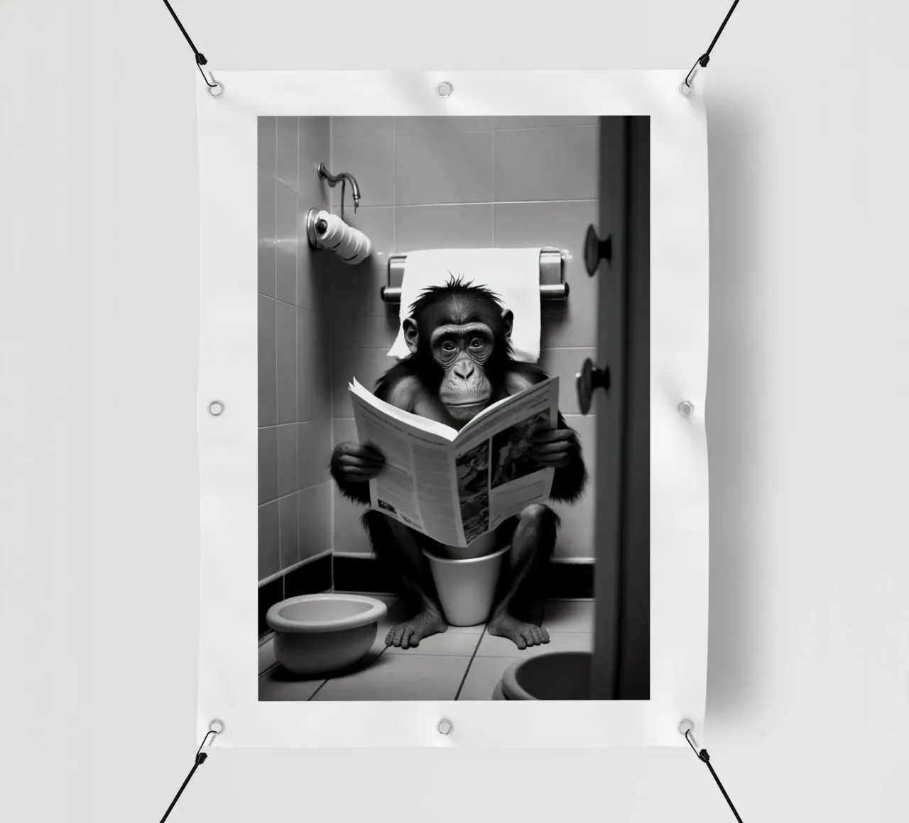 Monkey Sitting on the Toilet Reading pvc cover by Black And White