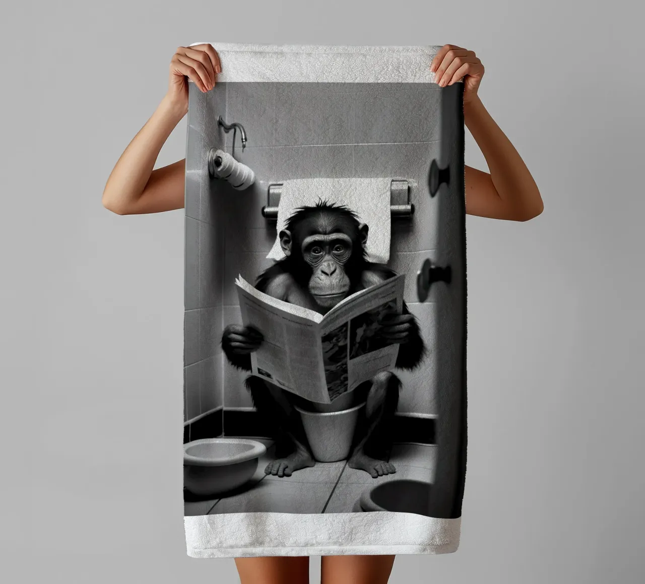 Monkey Sitting on the Toilet Reading towel by Black And White