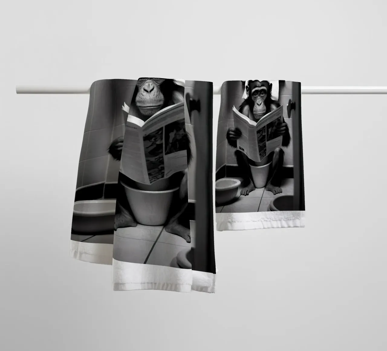 Monkey Sitting on the Toilet Reading towel by Black And White