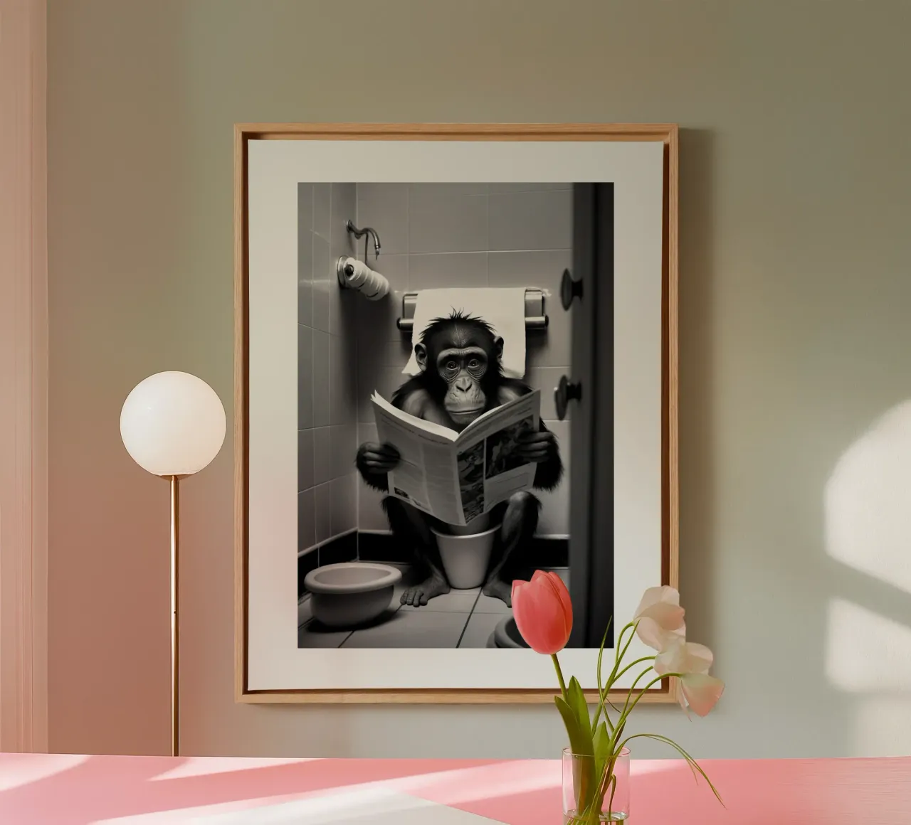 Monkey Sitting on the Toilet Reading canvas with Floater frame by Black And White