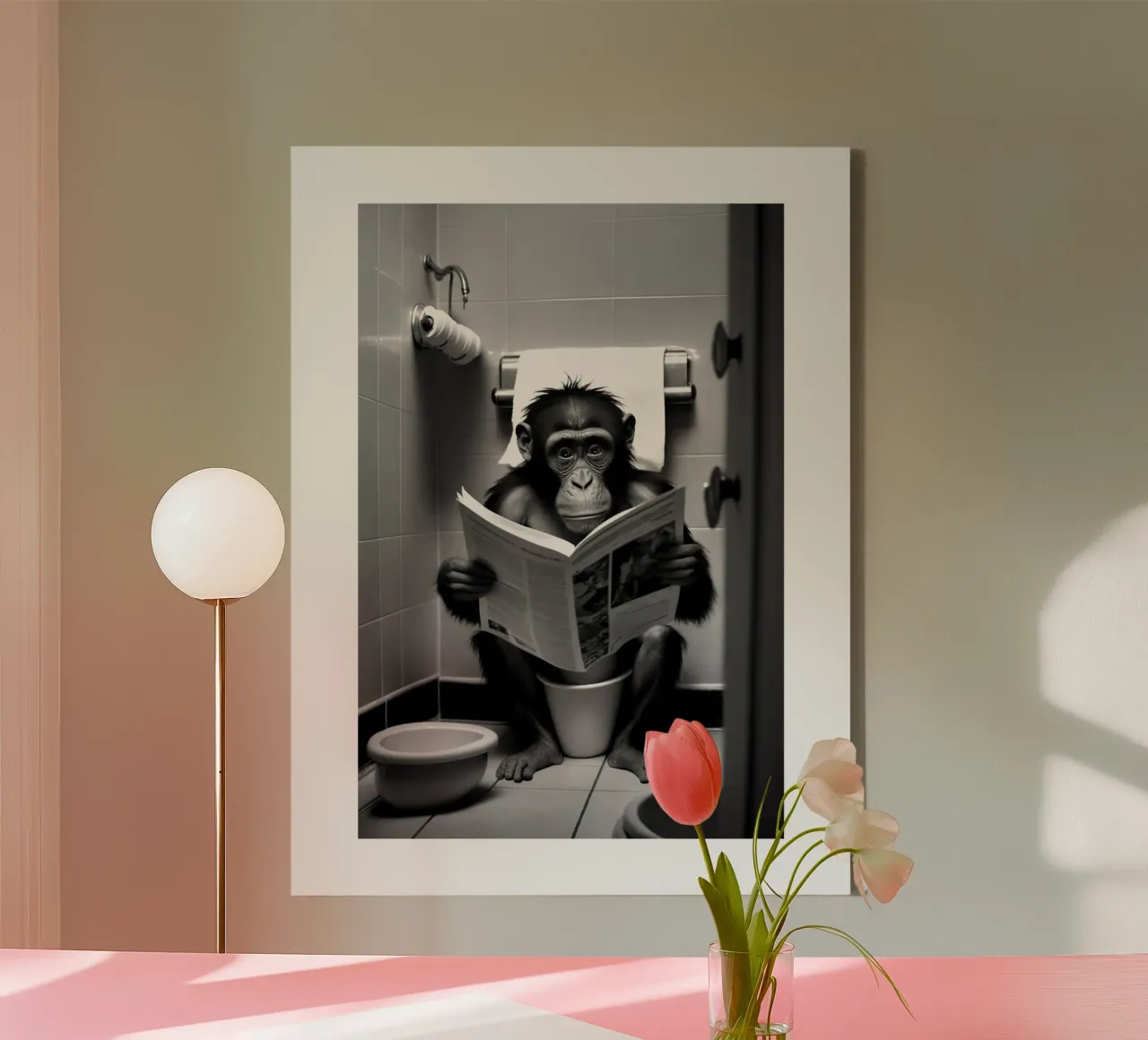 Monkey Sitting on the Toilet Reading canvas with Floater frame by Black And White