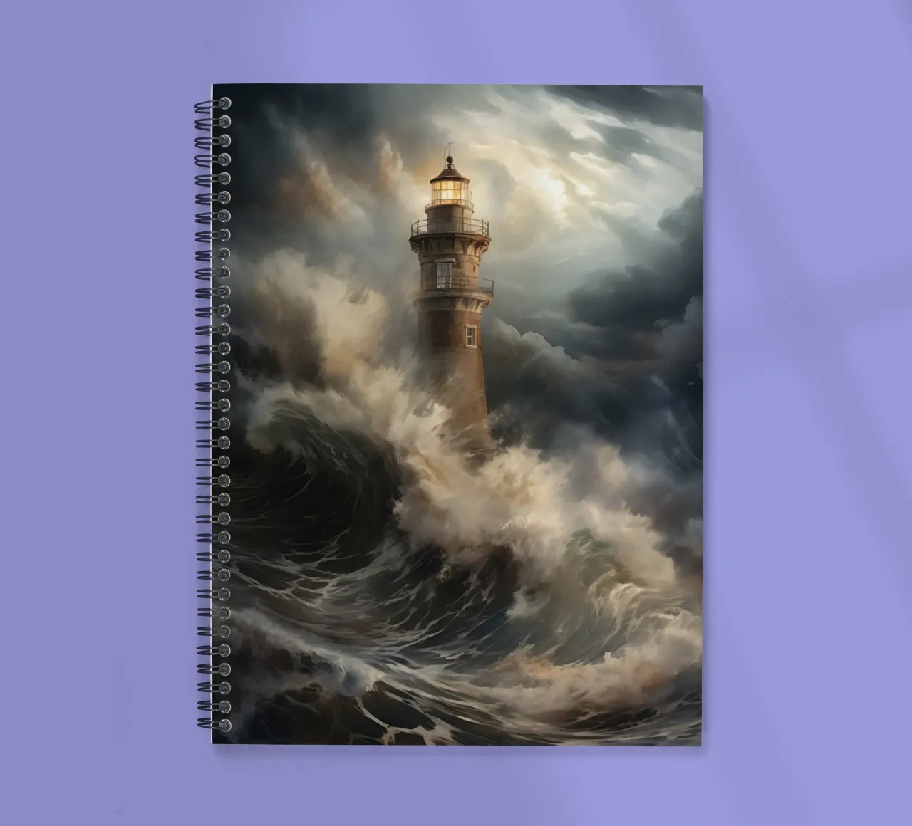 Lighthouse in raging sea spiral notebook by Imagine