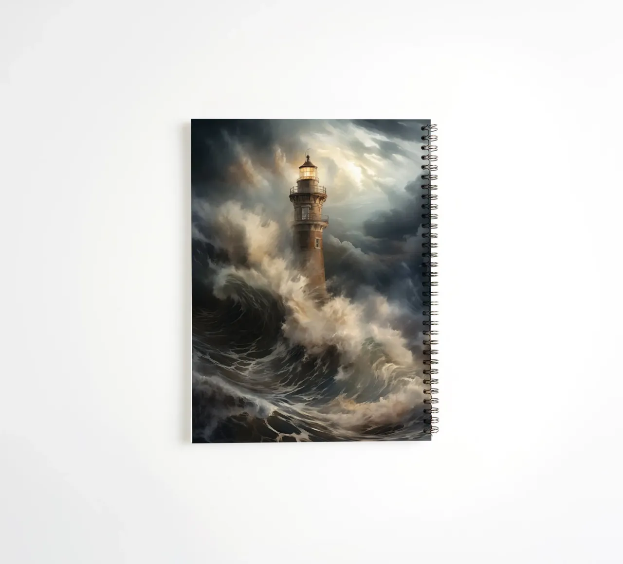 Lighthouse in raging sea spiral notebook by Imagine