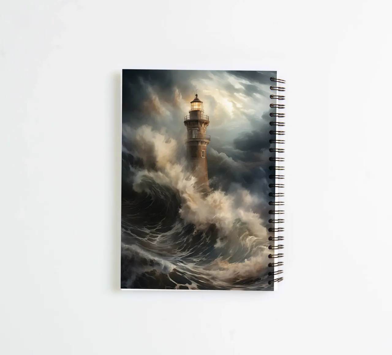 Lighthouse in raging sea spiral notebook by Imagine
