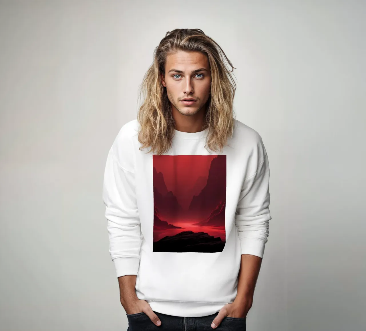deep red tones background and shadowed mountains sweatshirt by DesignDoodle