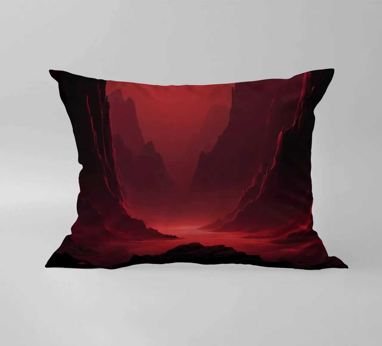 deep red tones background and shadowed mountains decorative cushion by DesignDoodle