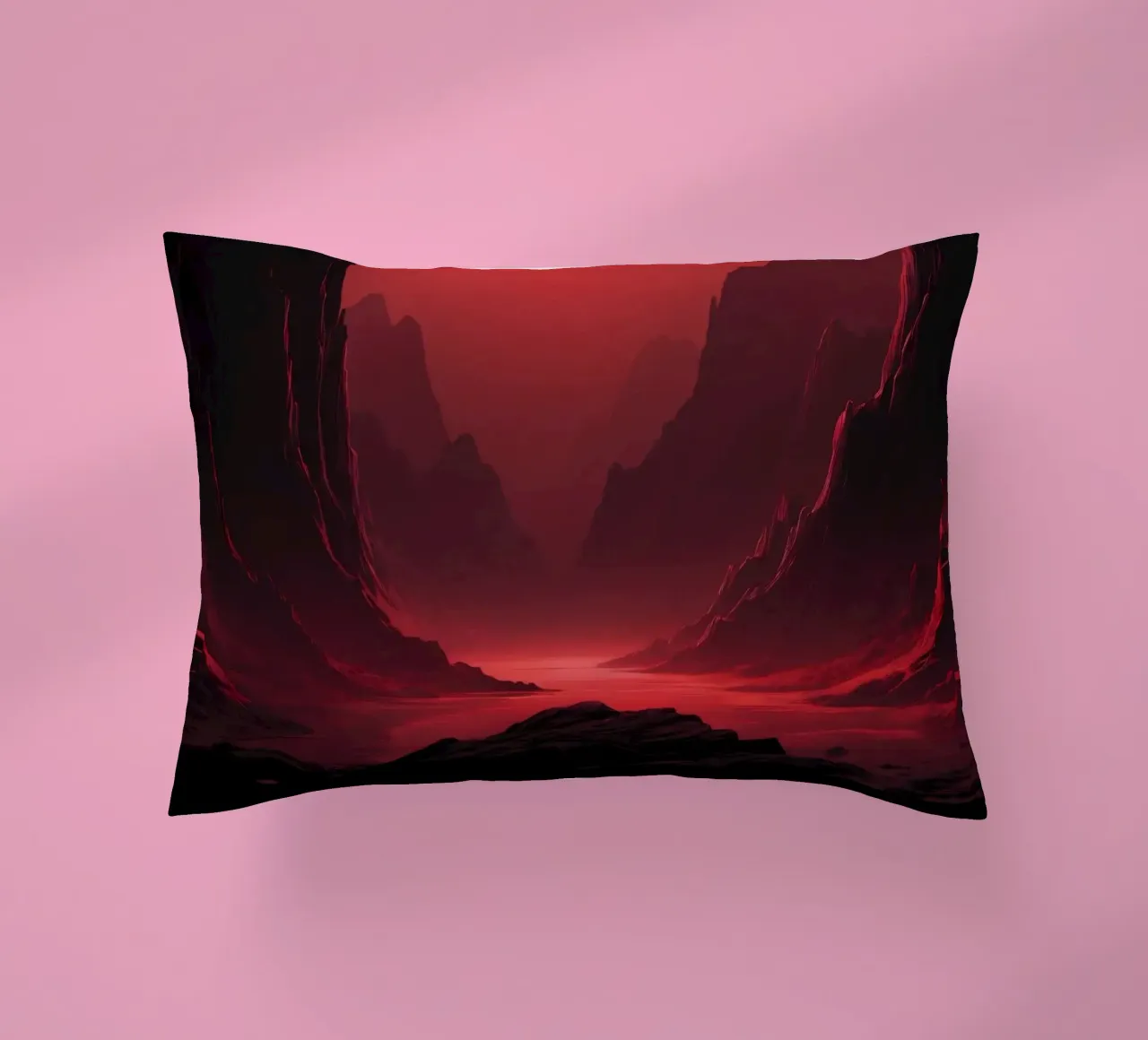 deep red tones background and shadowed mountains decorative cushion by DesignDoodle
