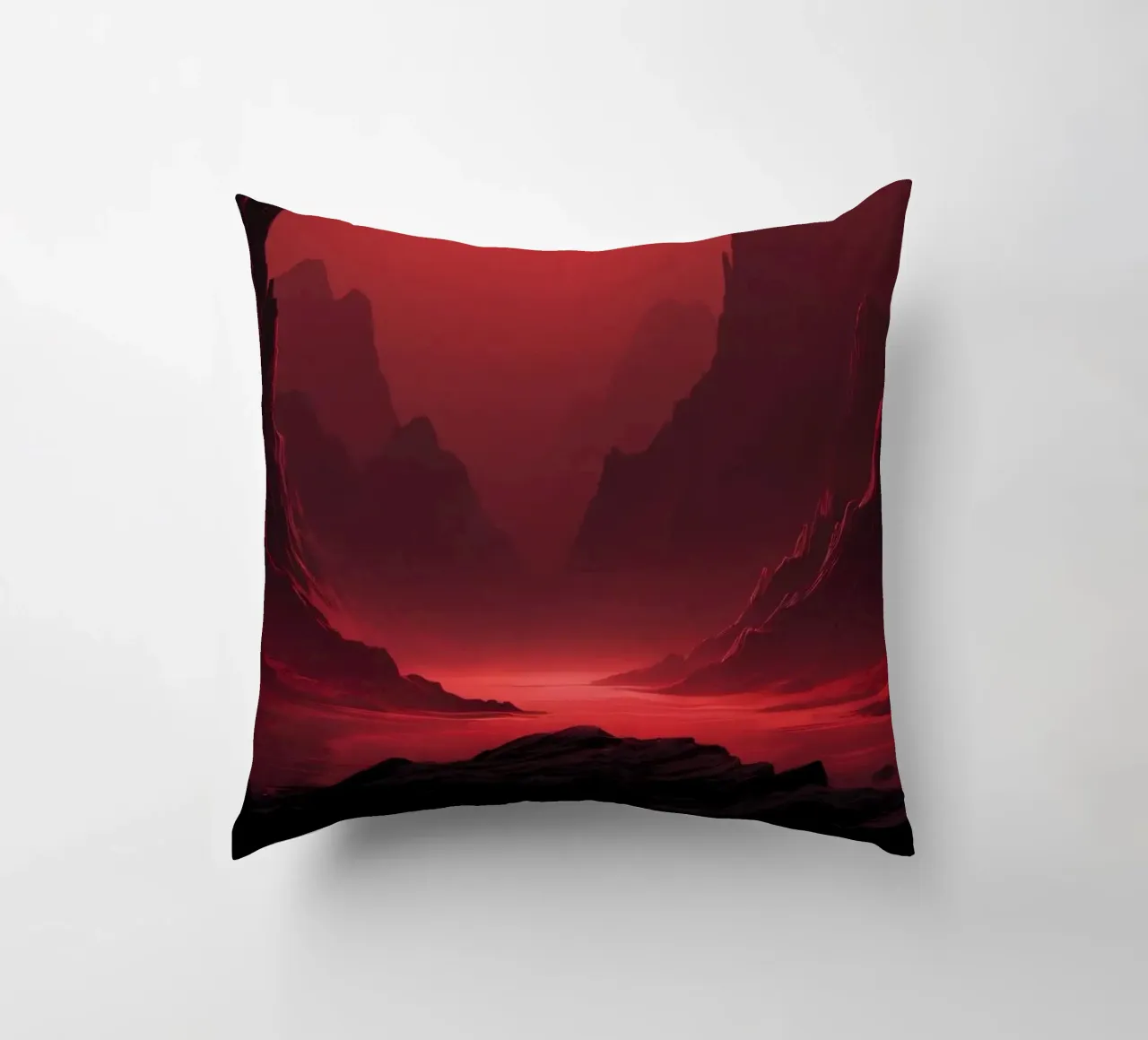 deep red tones background and shadowed mountains decorative cushion by DesignDoodle