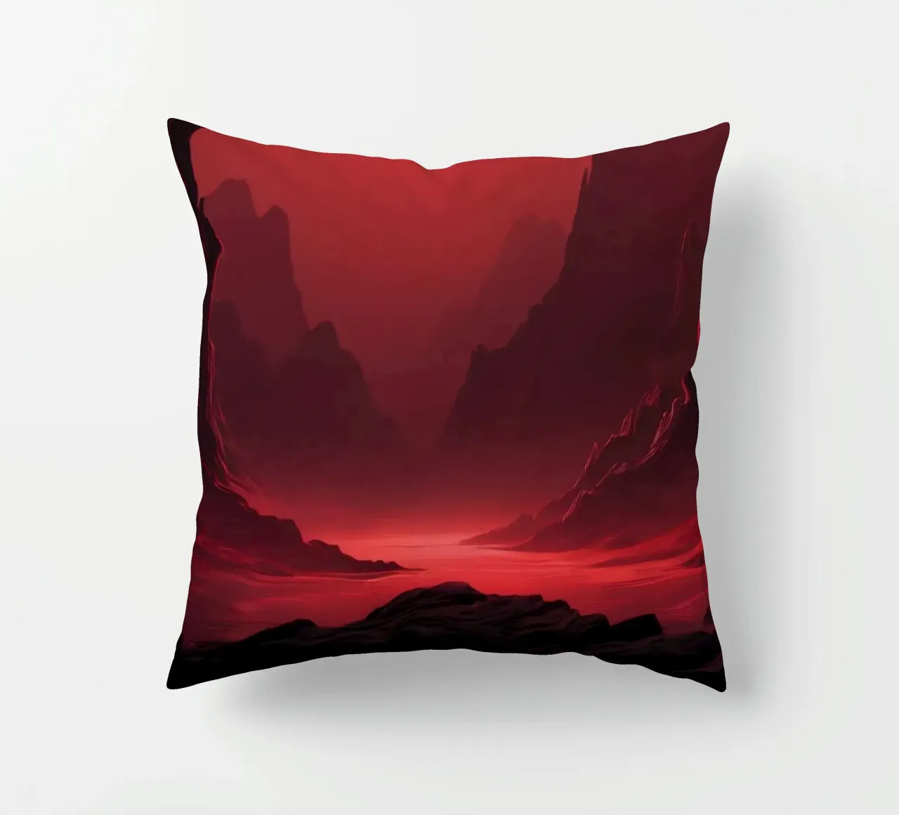 deep red tones background and shadowed mountains decorative cushion by DesignDoodle