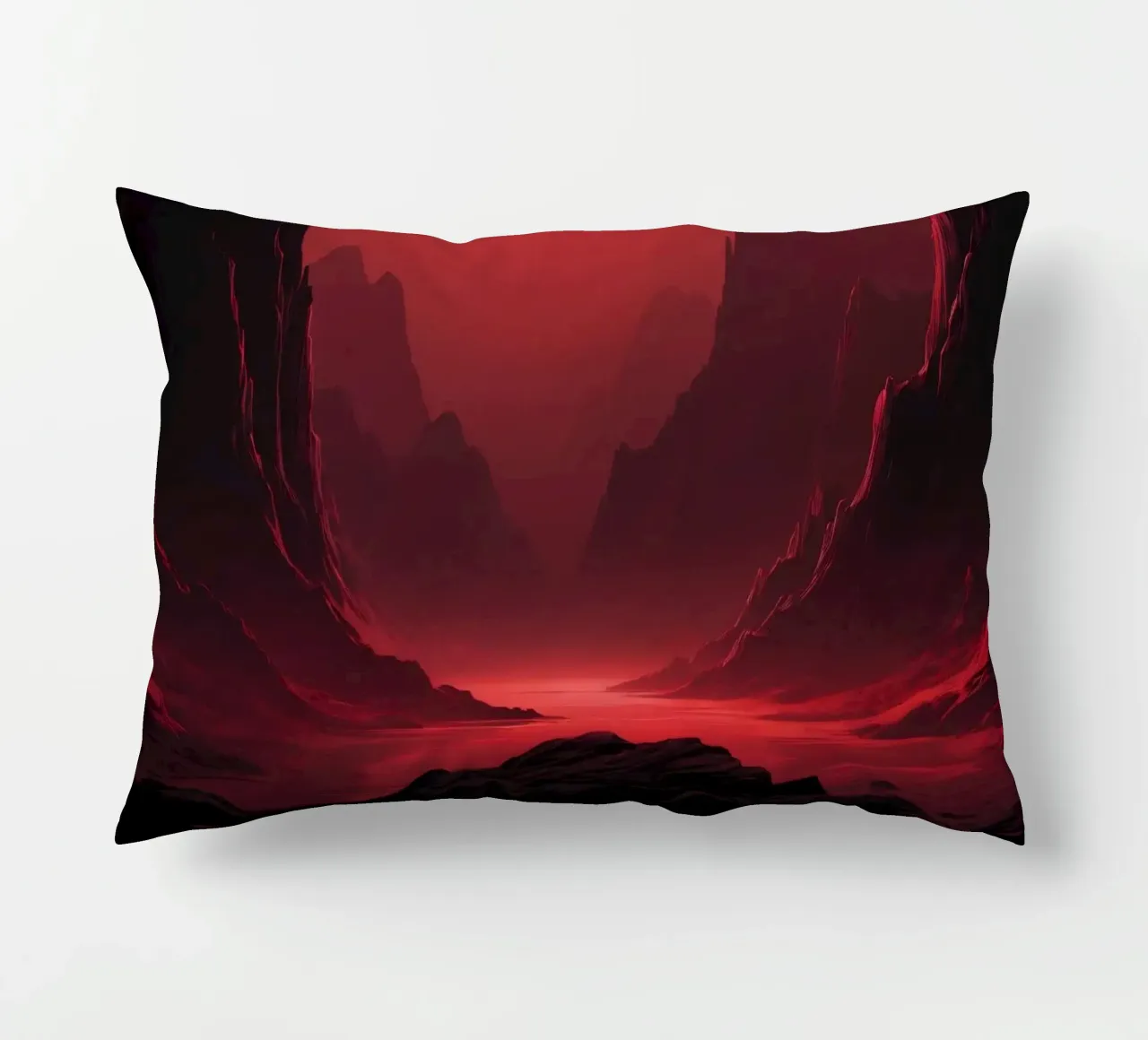 deep red tones background and shadowed mountains decorative cushion by DesignDoodle